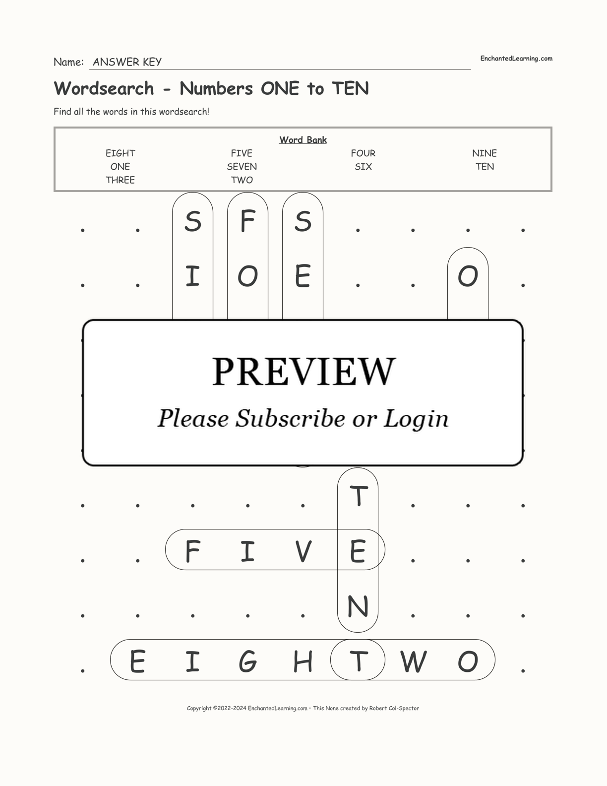 Wordsearch - Numbers ONE to TEN interactive worksheet page 2