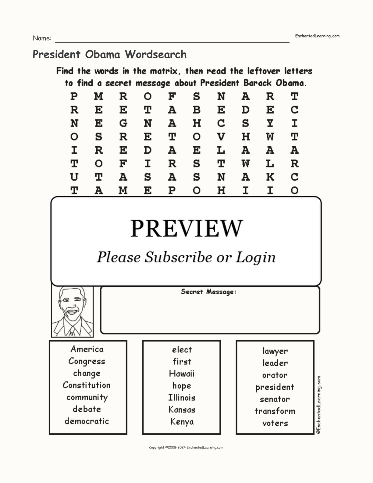President Obama Wordsearch interactive worksheet page 1