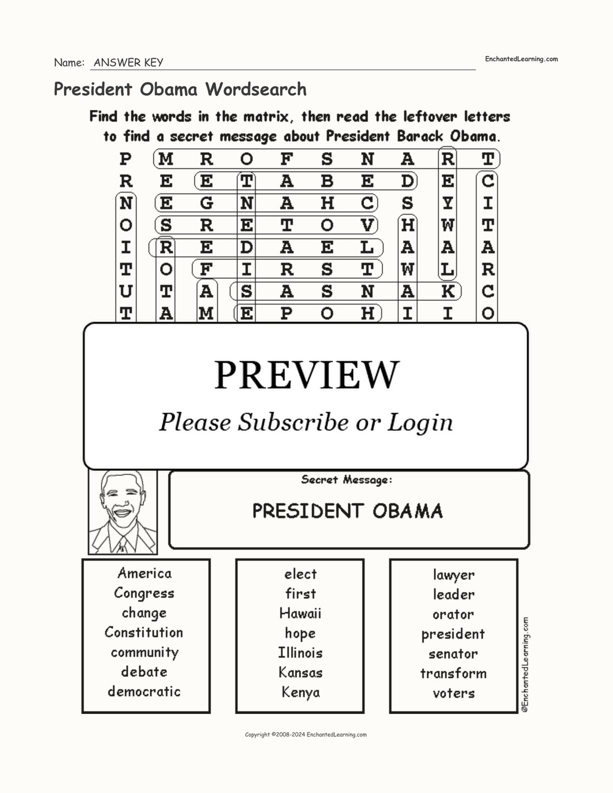 President Obama Wordsearch interactive worksheet page 2
