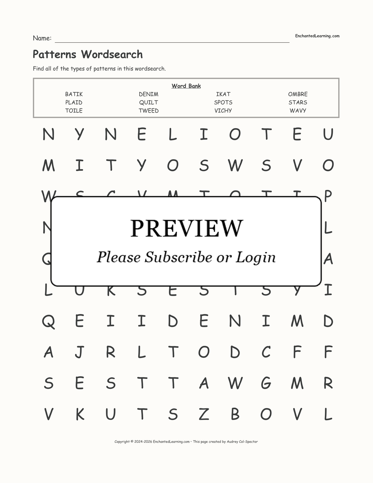 Patterns Wordsearch interactive worksheet page 1