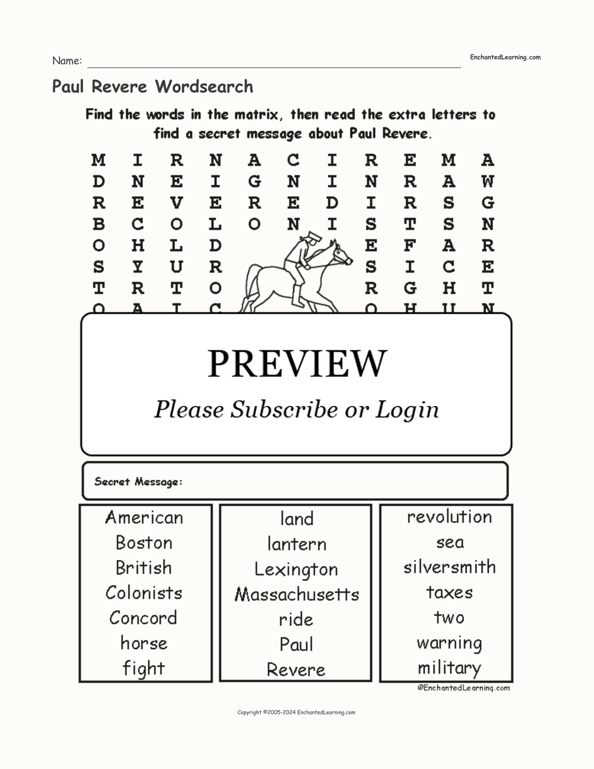 Paul Revere Wordsearch interactive worksheet page 1