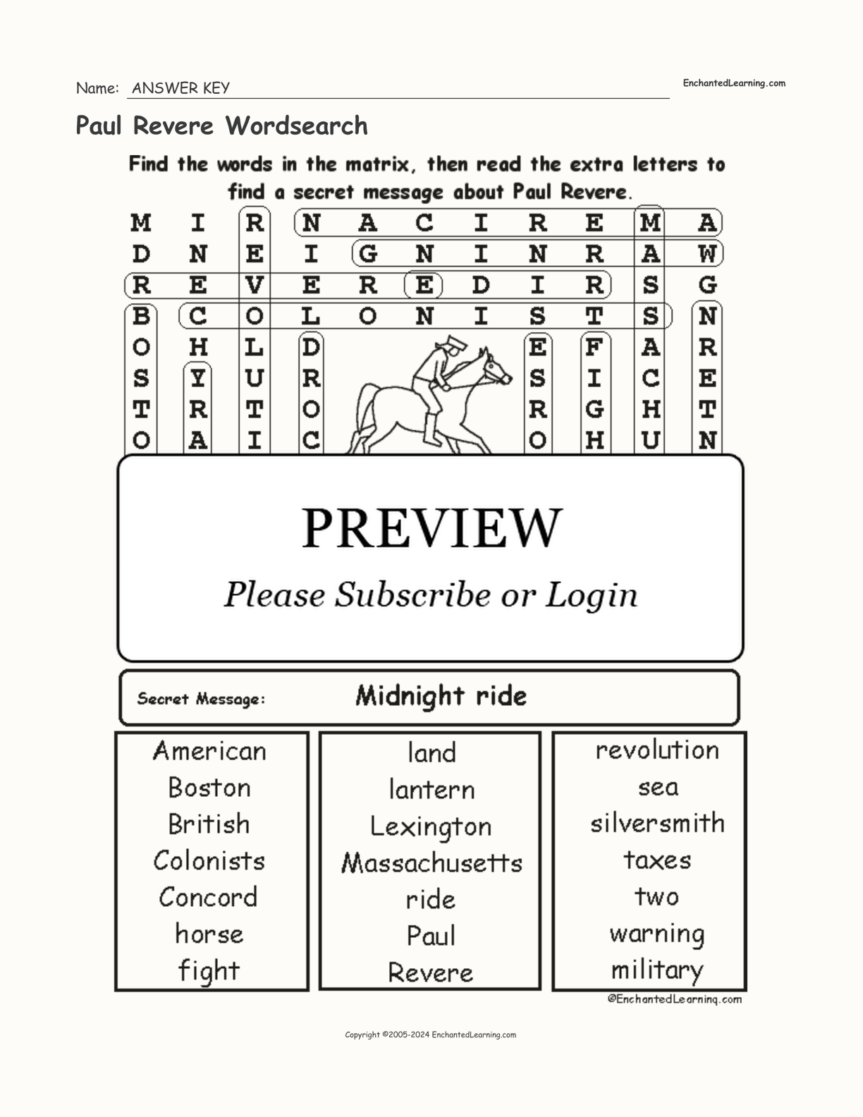 Paul Revere Wordsearch interactive worksheet page 2