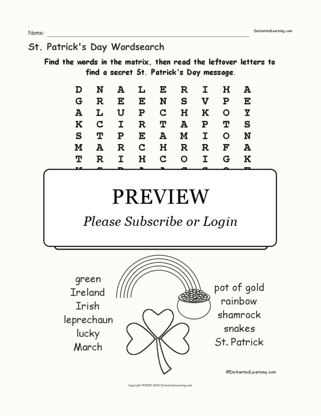 St. Patrick's Day Wordsearch interactive worksheet page 1