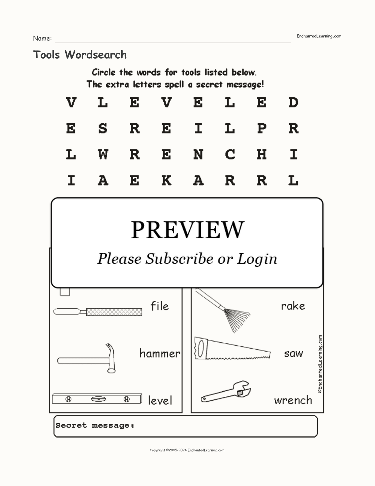 Tools Wordsearch interactive worksheet page 1