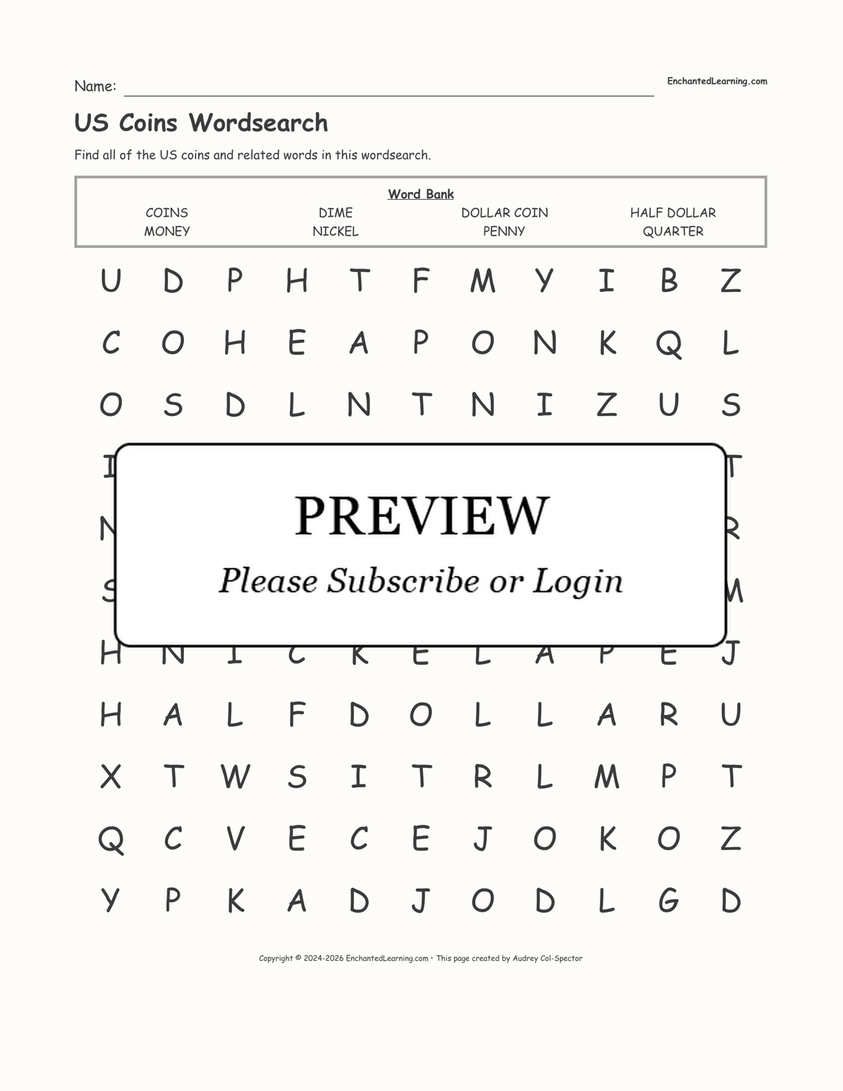 US Coins Wordsearch interactive worksheet page 1