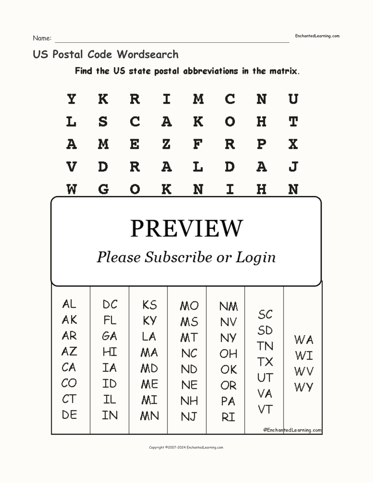 US Postal Code Wordsearch interactive worksheet page 1