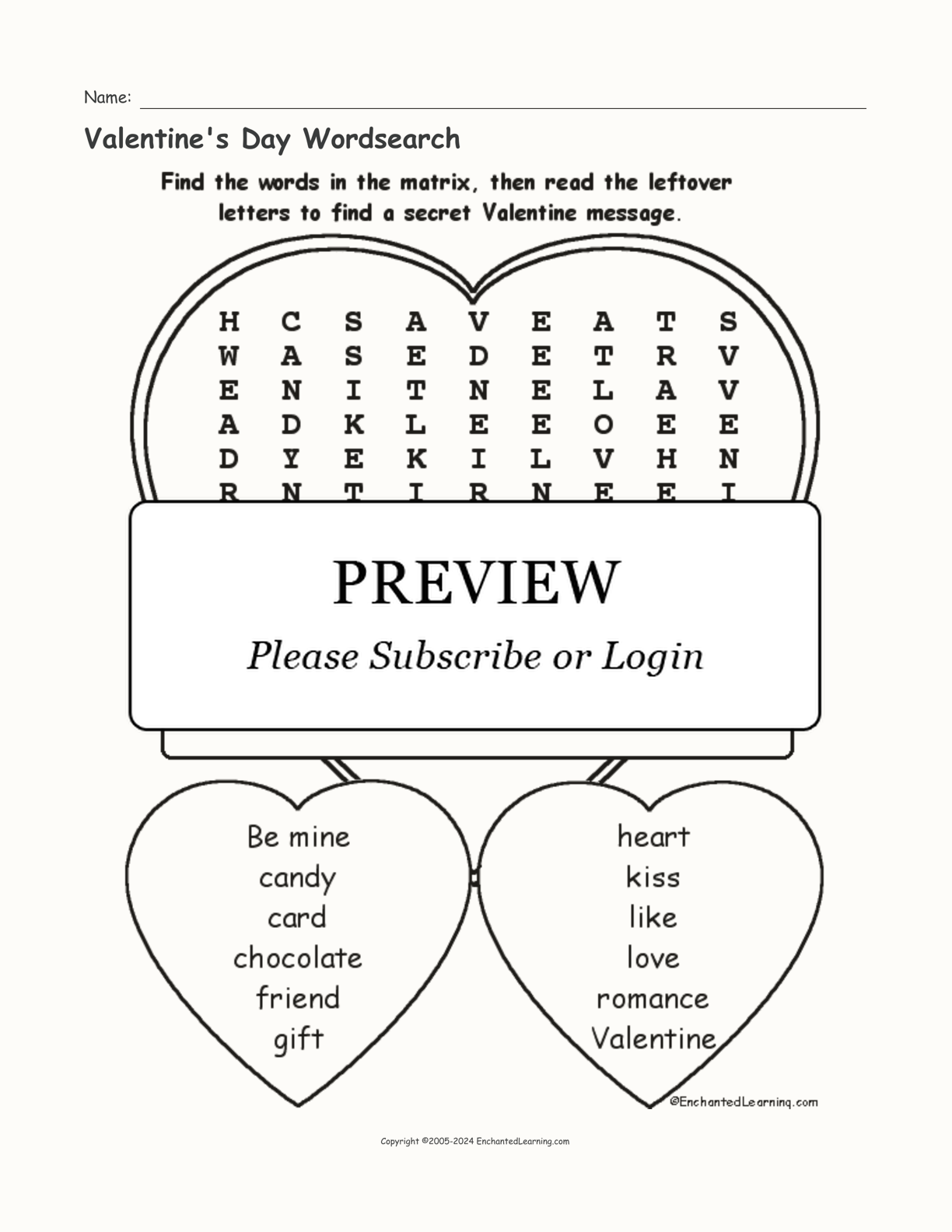 Valentine's Day Wordsearch interactive worksheet page 1