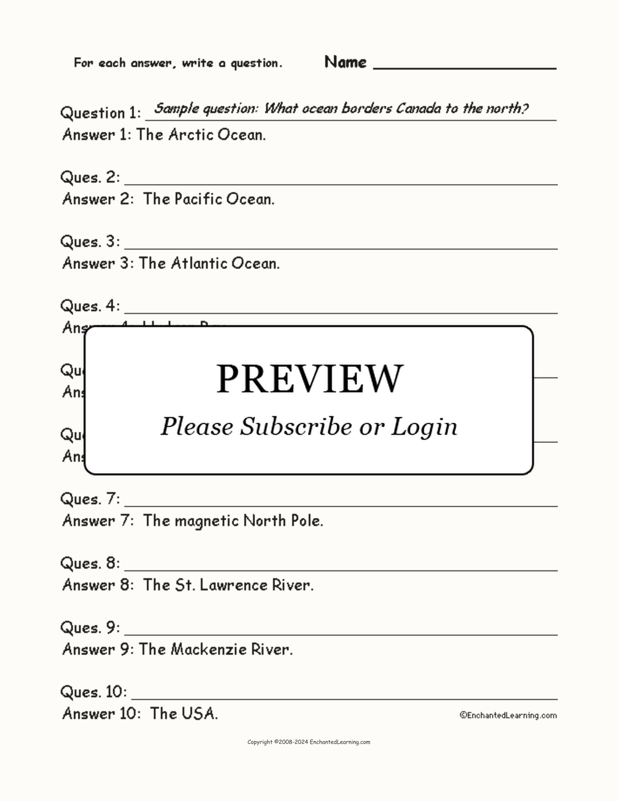 Canada: Write a Question for Each Answer interactive worksheet page 1