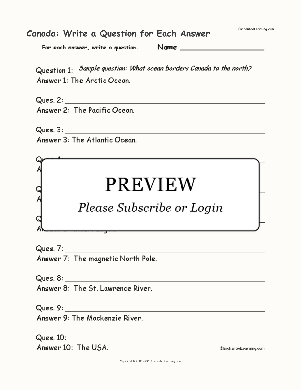 Canada: Write a Question for Each Answer interactive worksheet page 1