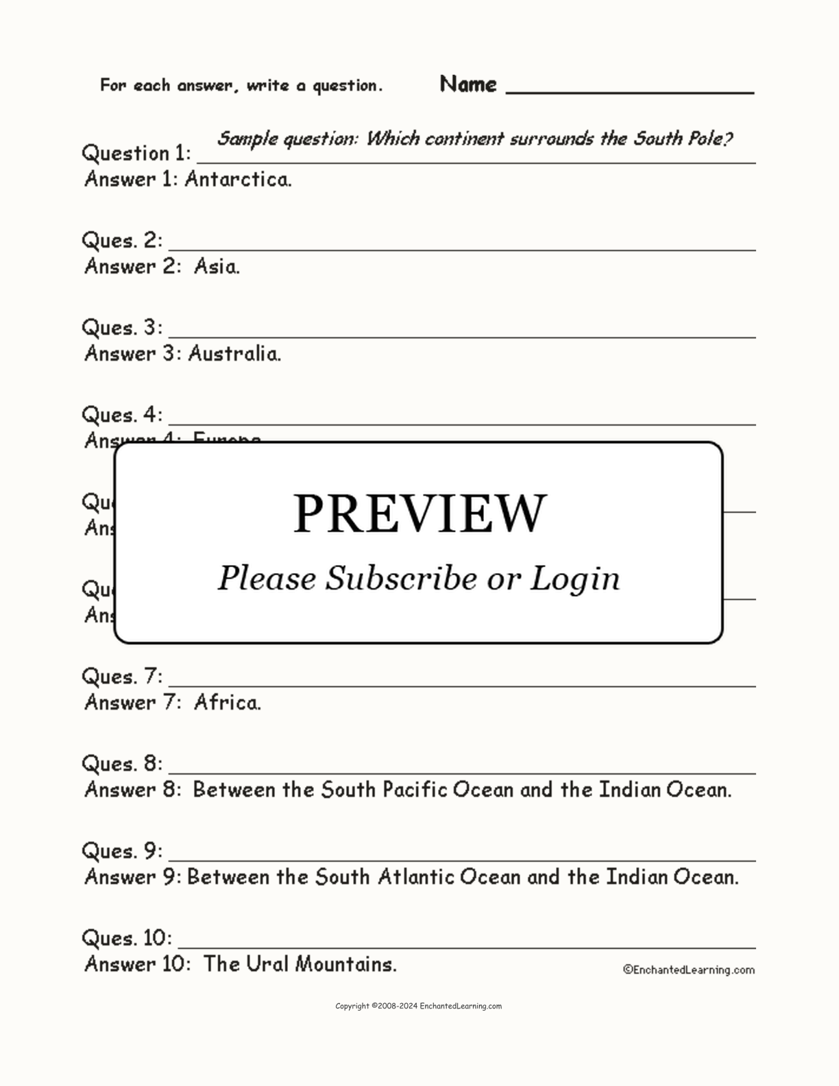 The Continents: Write a Question for Each Answer interactive worksheet page 1