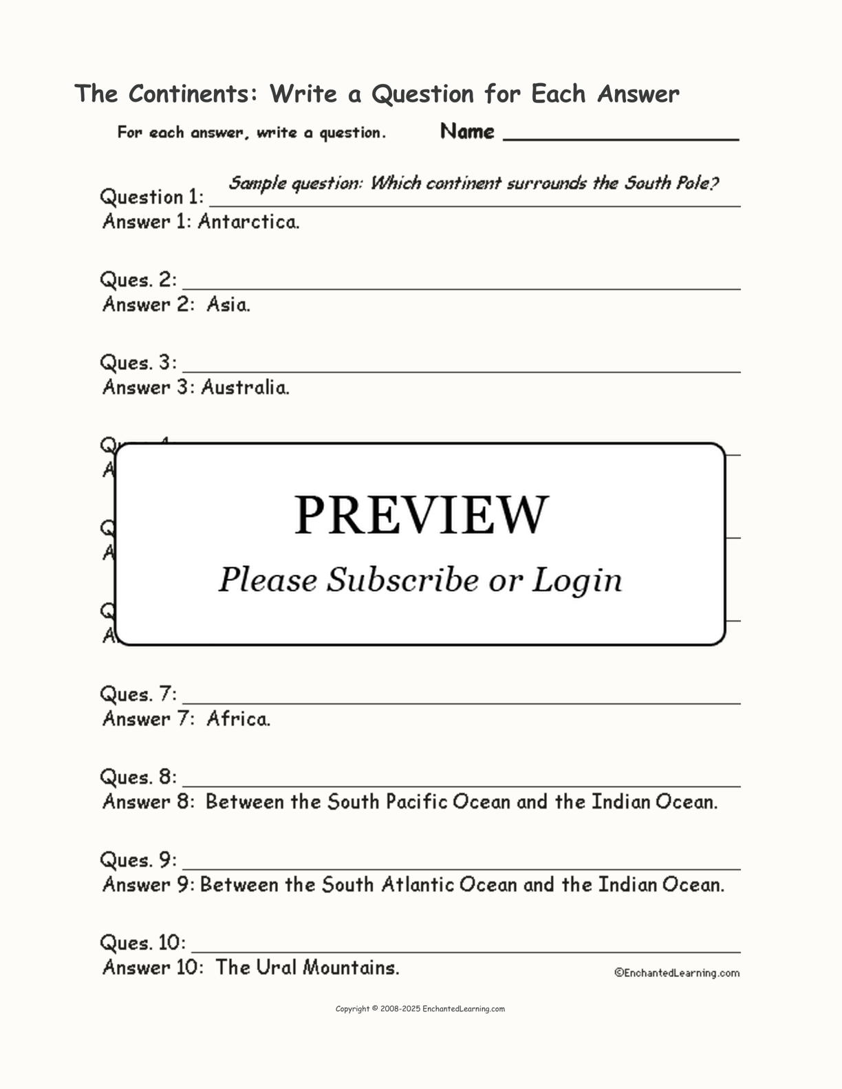 The Continents: Write a Question for Each Answer interactive worksheet page 1