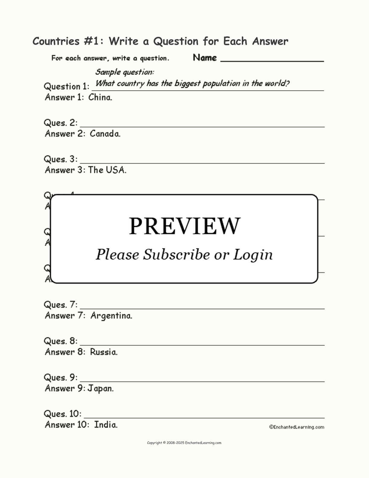 Countries #1: Write a Question for Each Answer interactive worksheet page 1