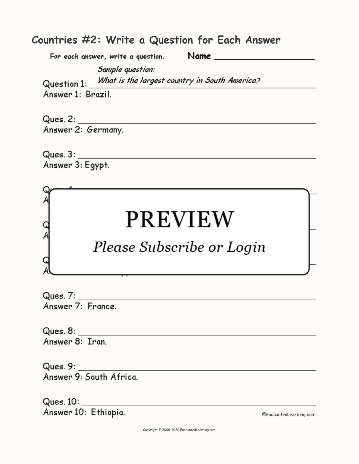 Countries #2: Write a Question for Each Answer interactive worksheet page 1