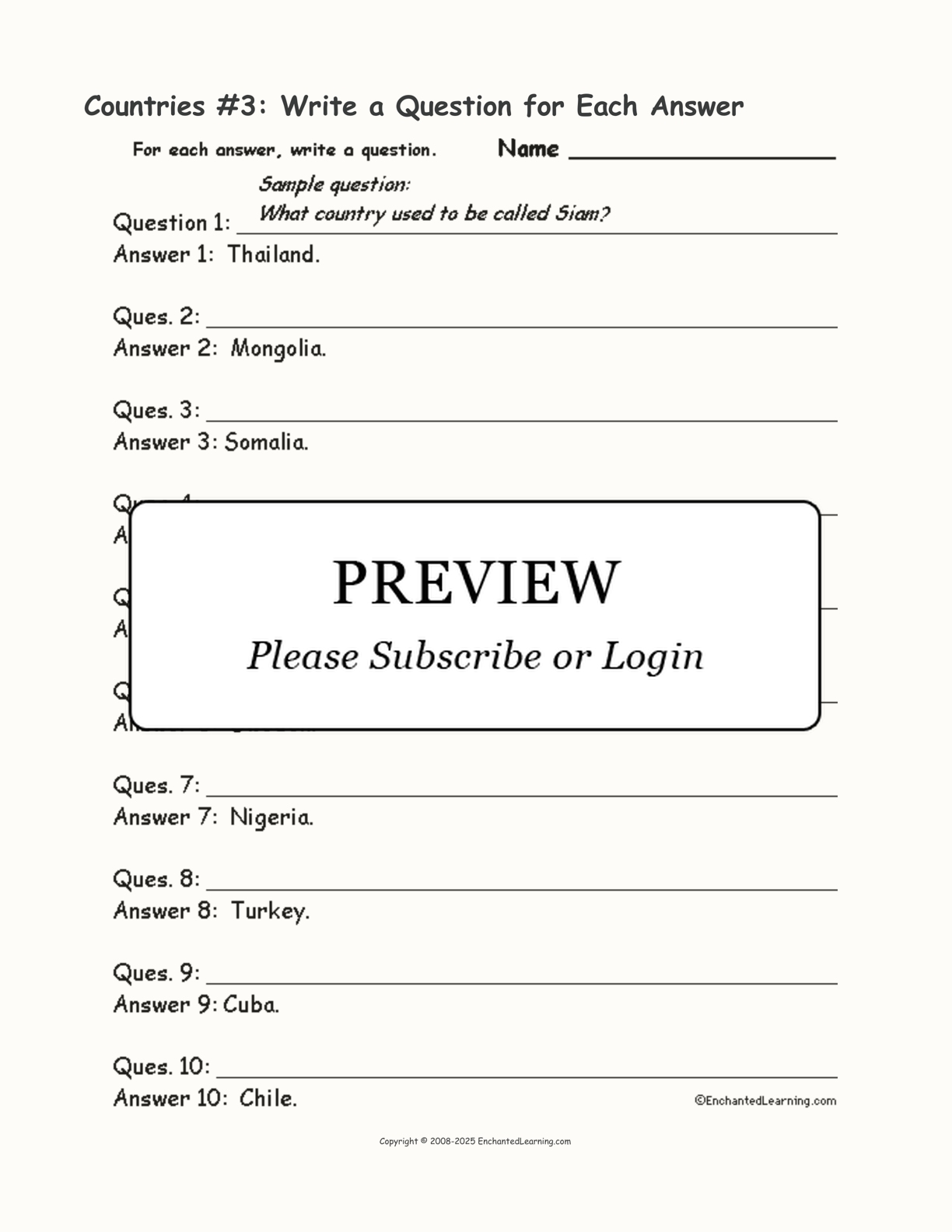 Countries #3: Write a Question for Each Answer interactive worksheet page 1