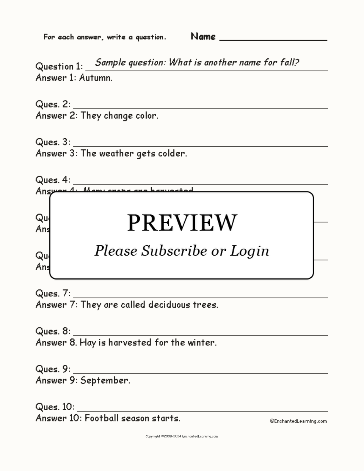 Autumn Words: Write a Question for Each Answer interactive worksheet page 1