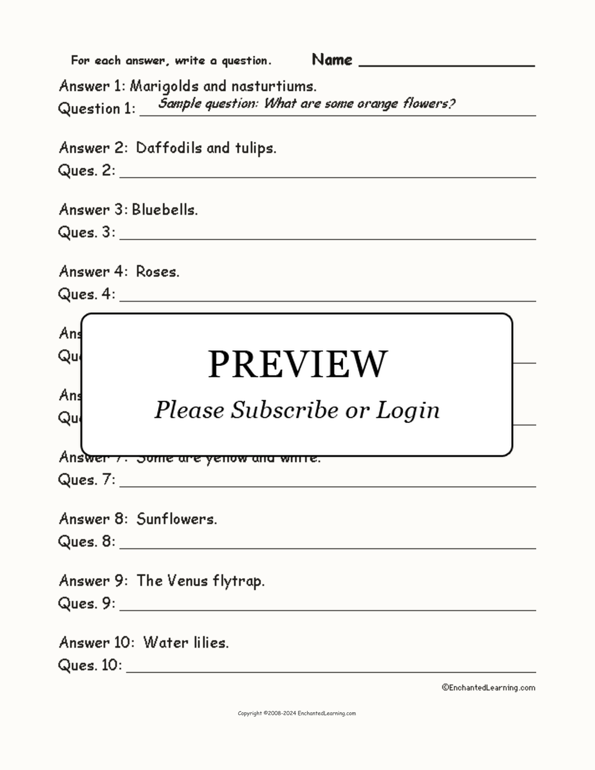 Flower Words: Write a Question for Each Answer interactive worksheet page 1