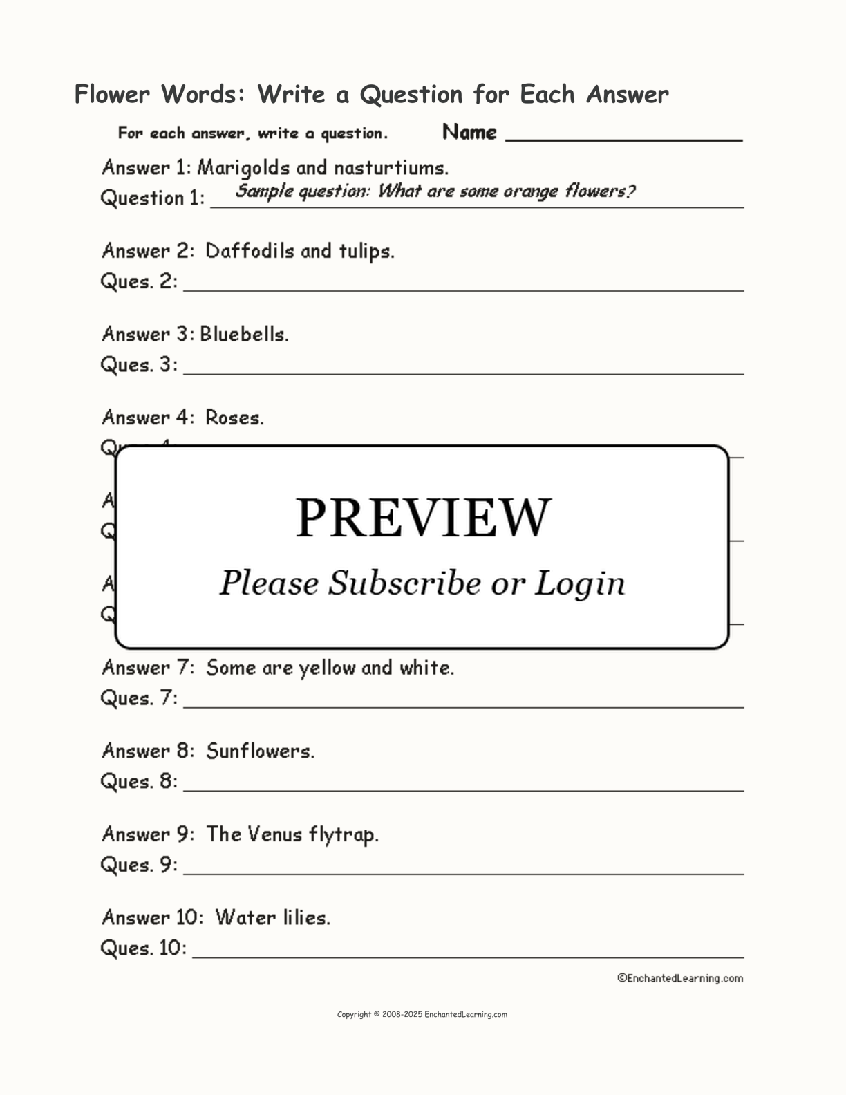 Flower Words: Write a Question for Each Answer interactive worksheet page 1