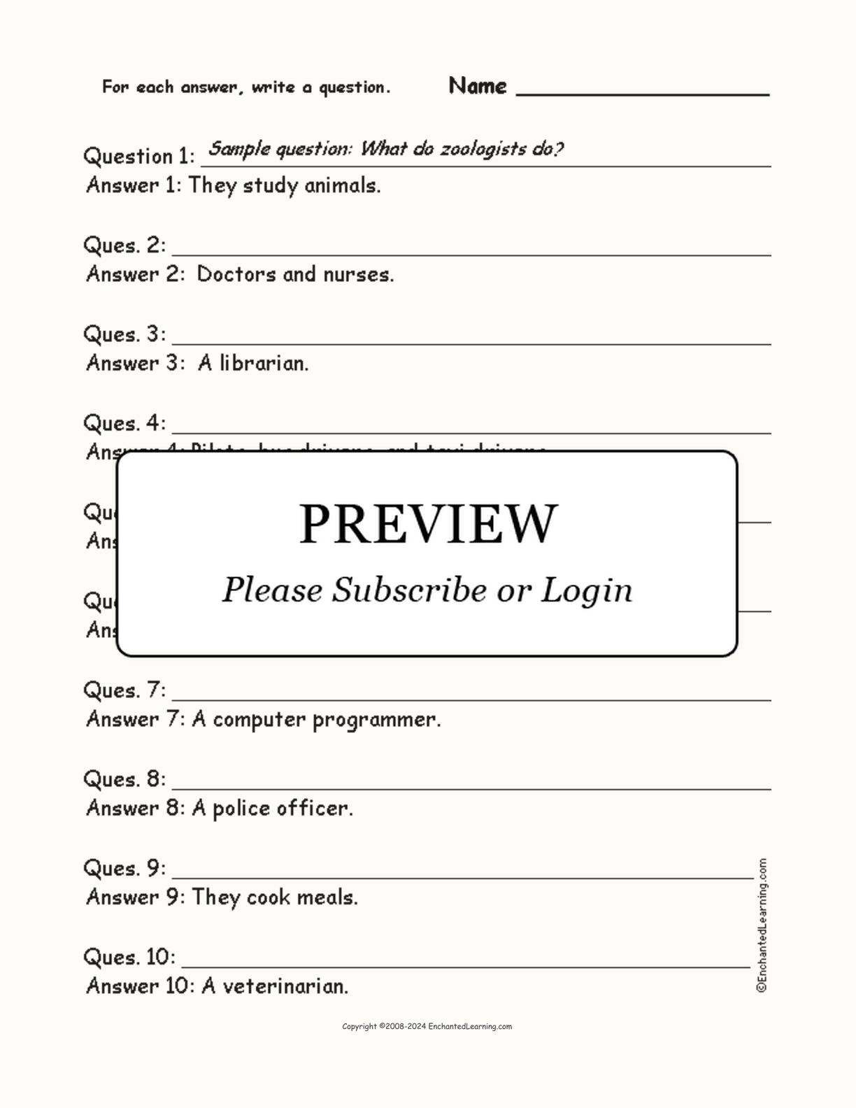Job-Related Words: Write a Question for Each Answer interactive worksheet page 1