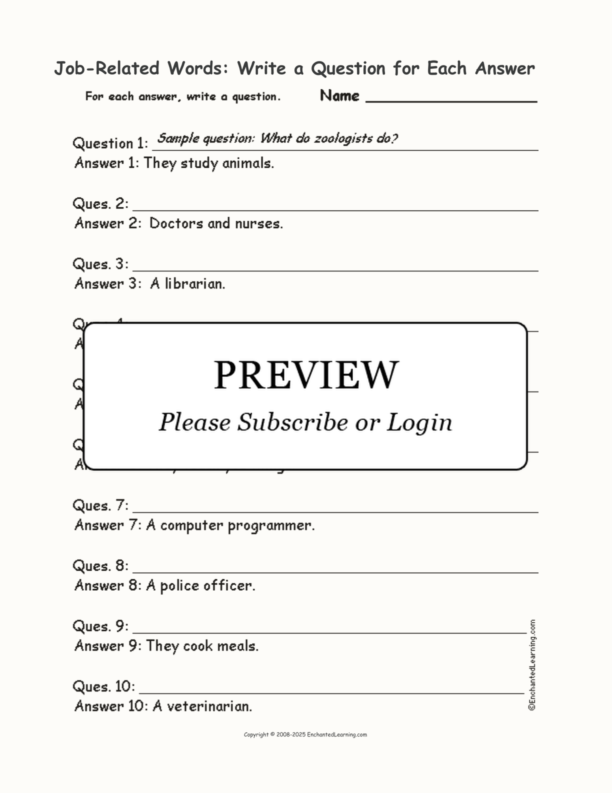 Job-Related Words: Write a Question for Each Answer interactive worksheet page 1