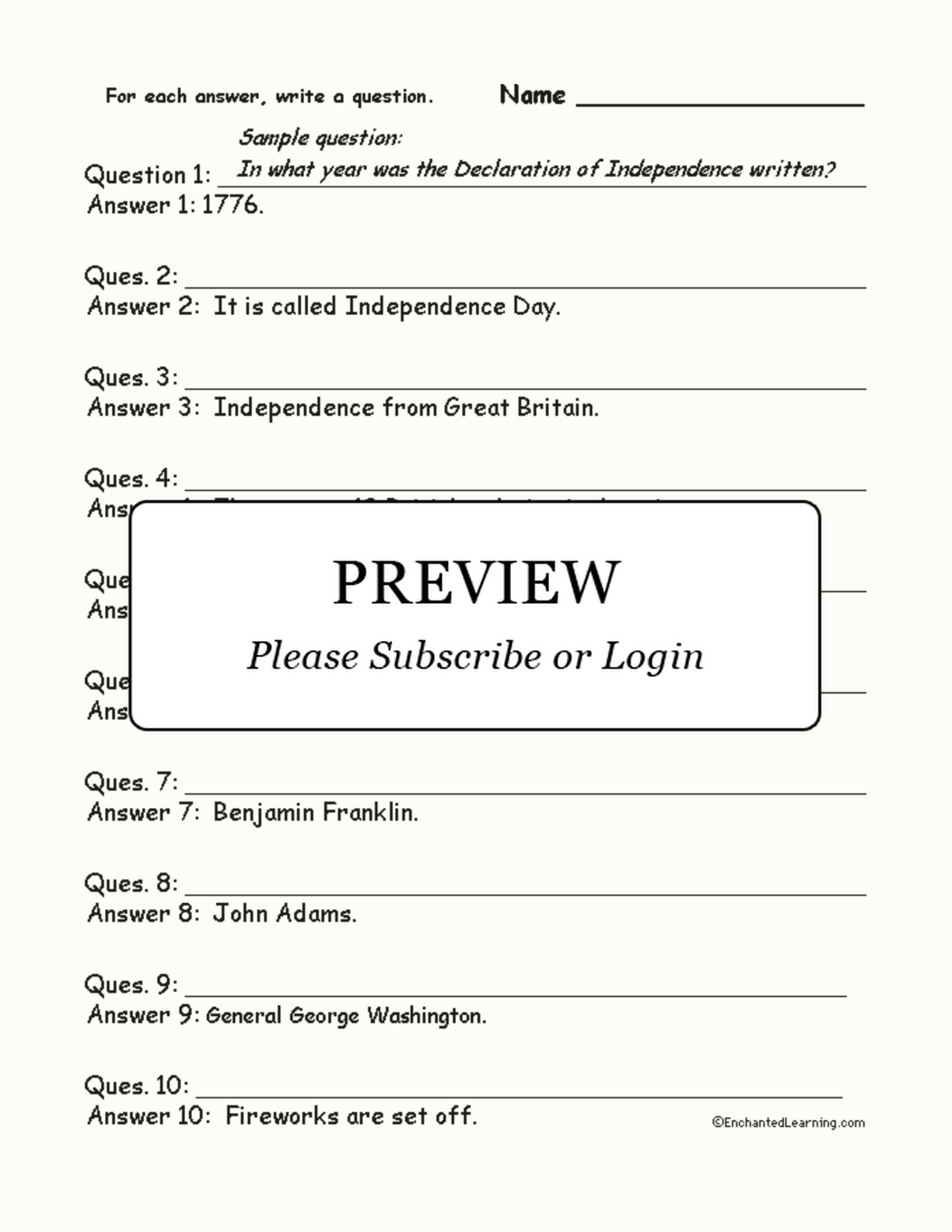 July 4th Words: Write a Question for Each Answer interactive worksheet page 1