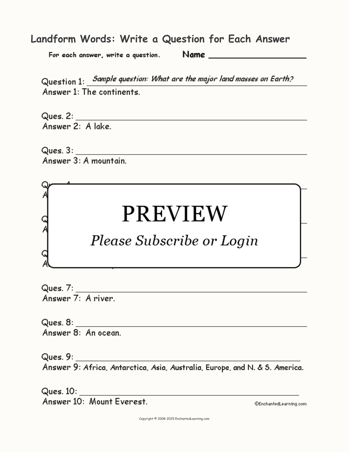 Landform Words: Write a Question for Each Answer interactive worksheet page 1