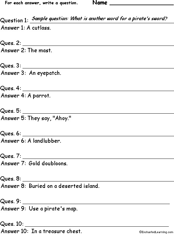 Pirate-Related Words: Write a Question for Each Answer