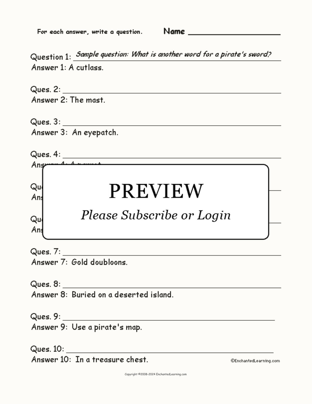 Pirate Words: Write a Question for Each Answer interactive worksheet page 1