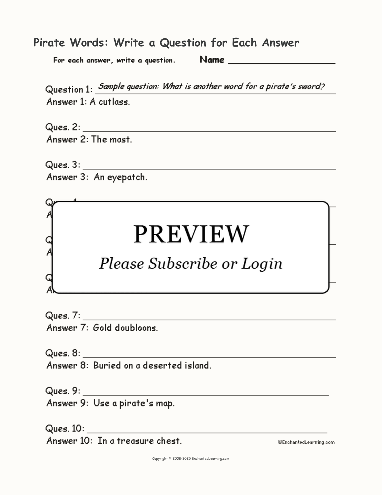 Pirate Words: Write a Question for Each Answer interactive worksheet page 1