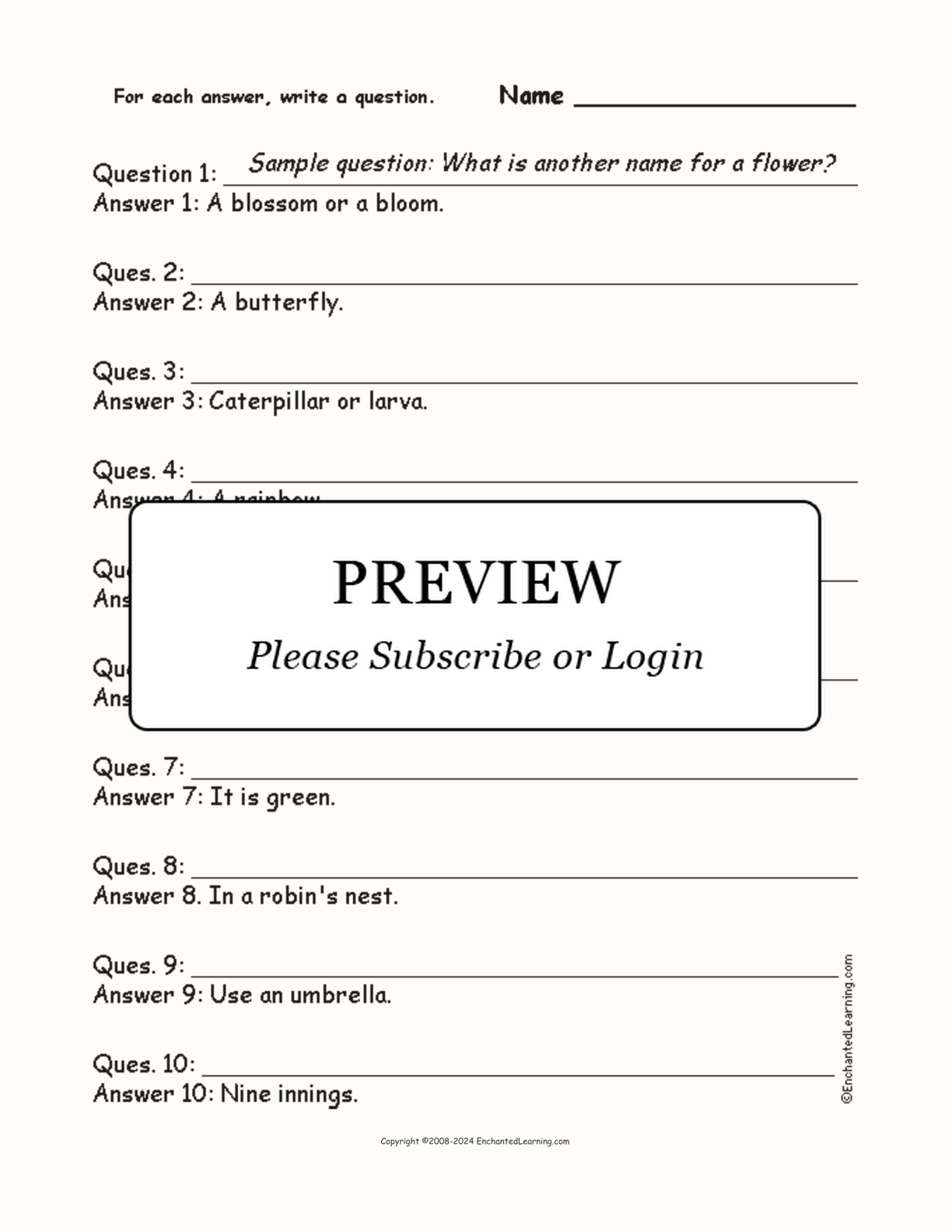 Spring Words: Write a Question for Each Answer interactive worksheet page 1