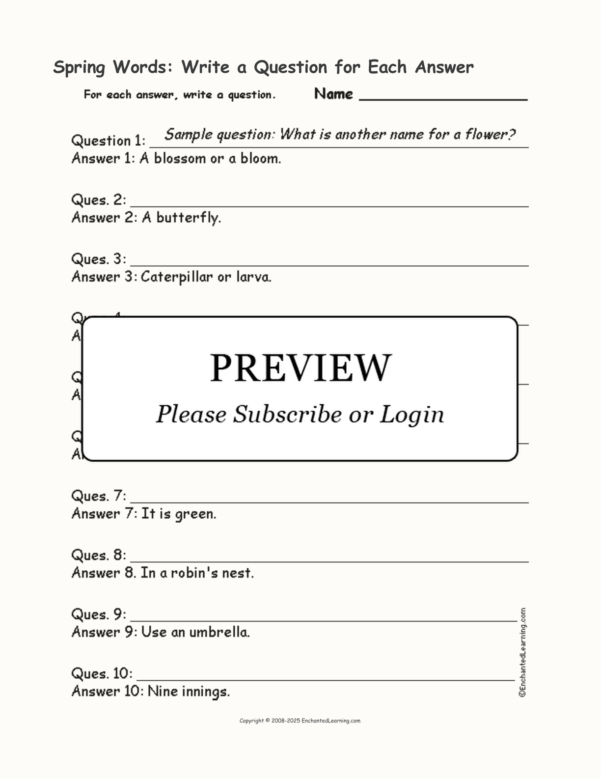 Spring Words: Write a Question for Each Answer interactive worksheet page 1