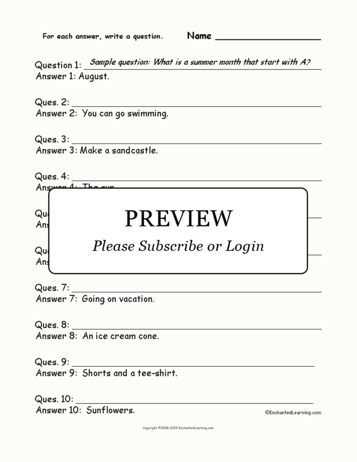 Summer Words: Write a Question for Each Answer interactive worksheet page 1