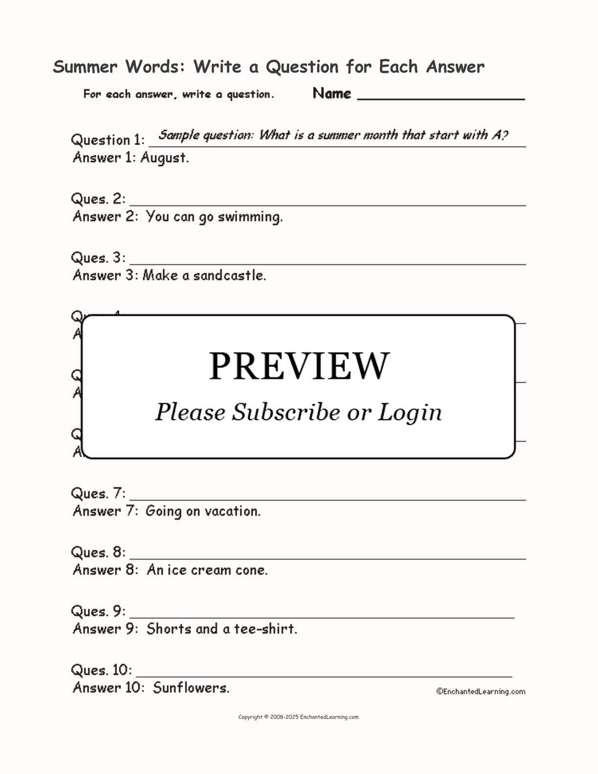 Summer Words: Write a Question for Each Answer interactive worksheet page 1