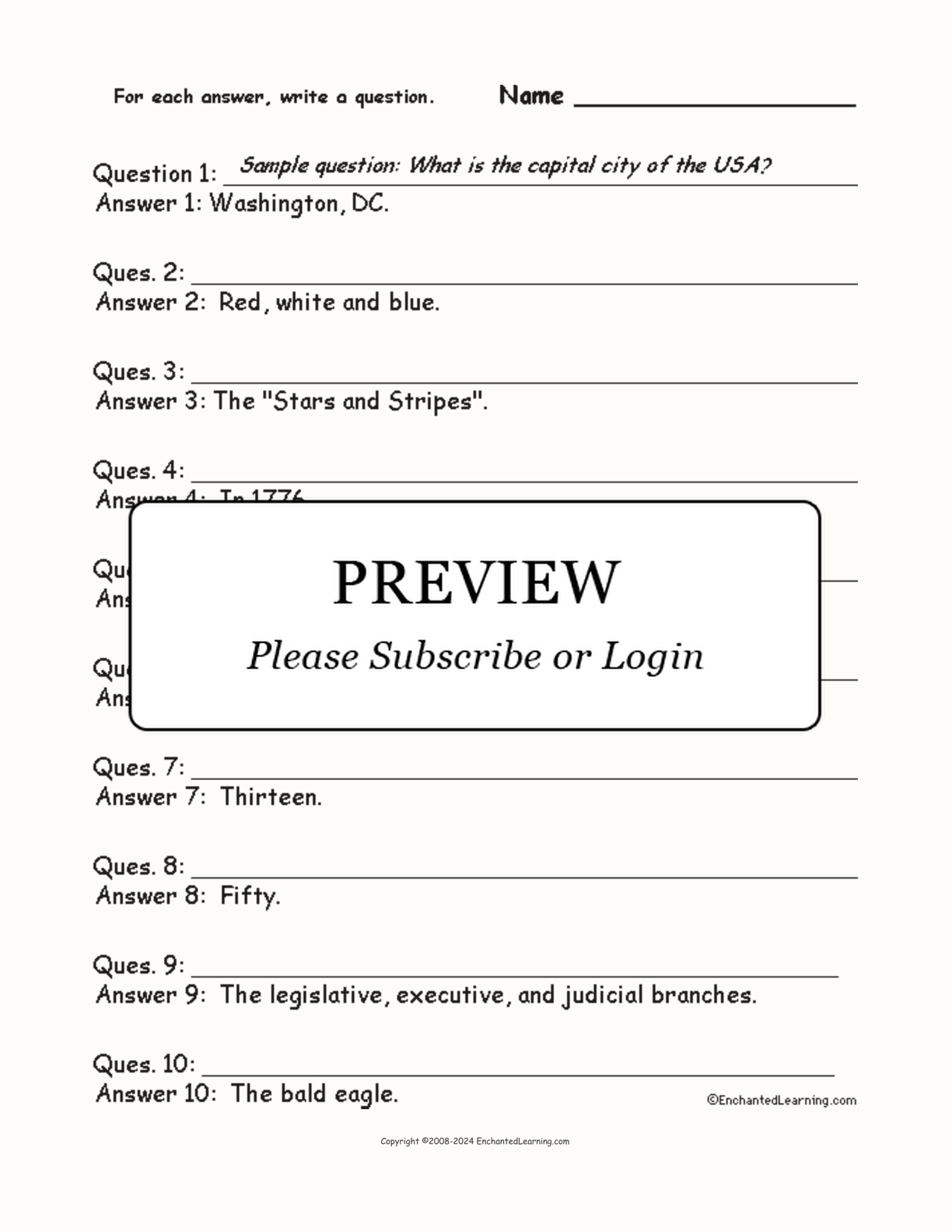 USA Words: Write a Question for Each Answer interactive worksheet page 1