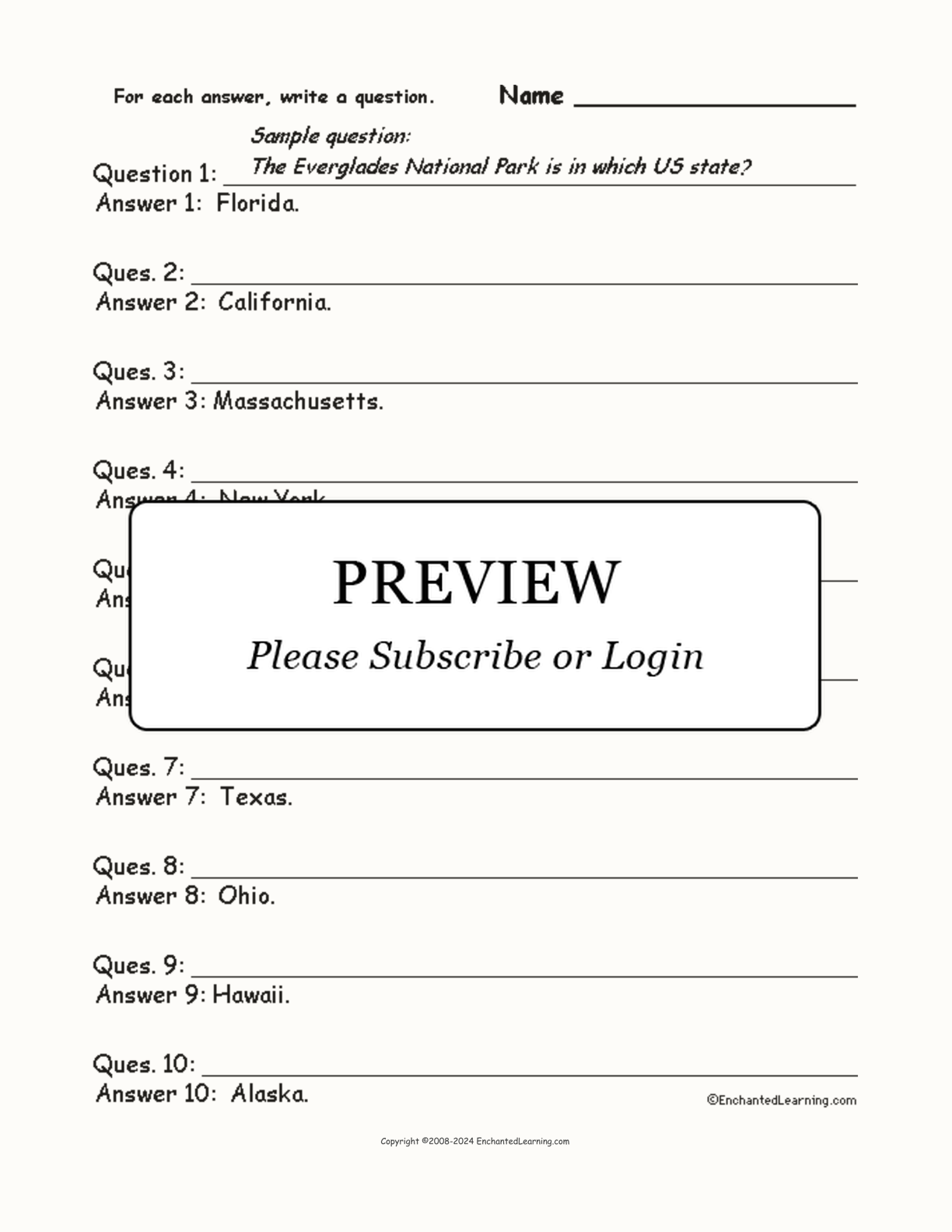 USA #1: Write a Question for Each Answer interactive worksheet page 1