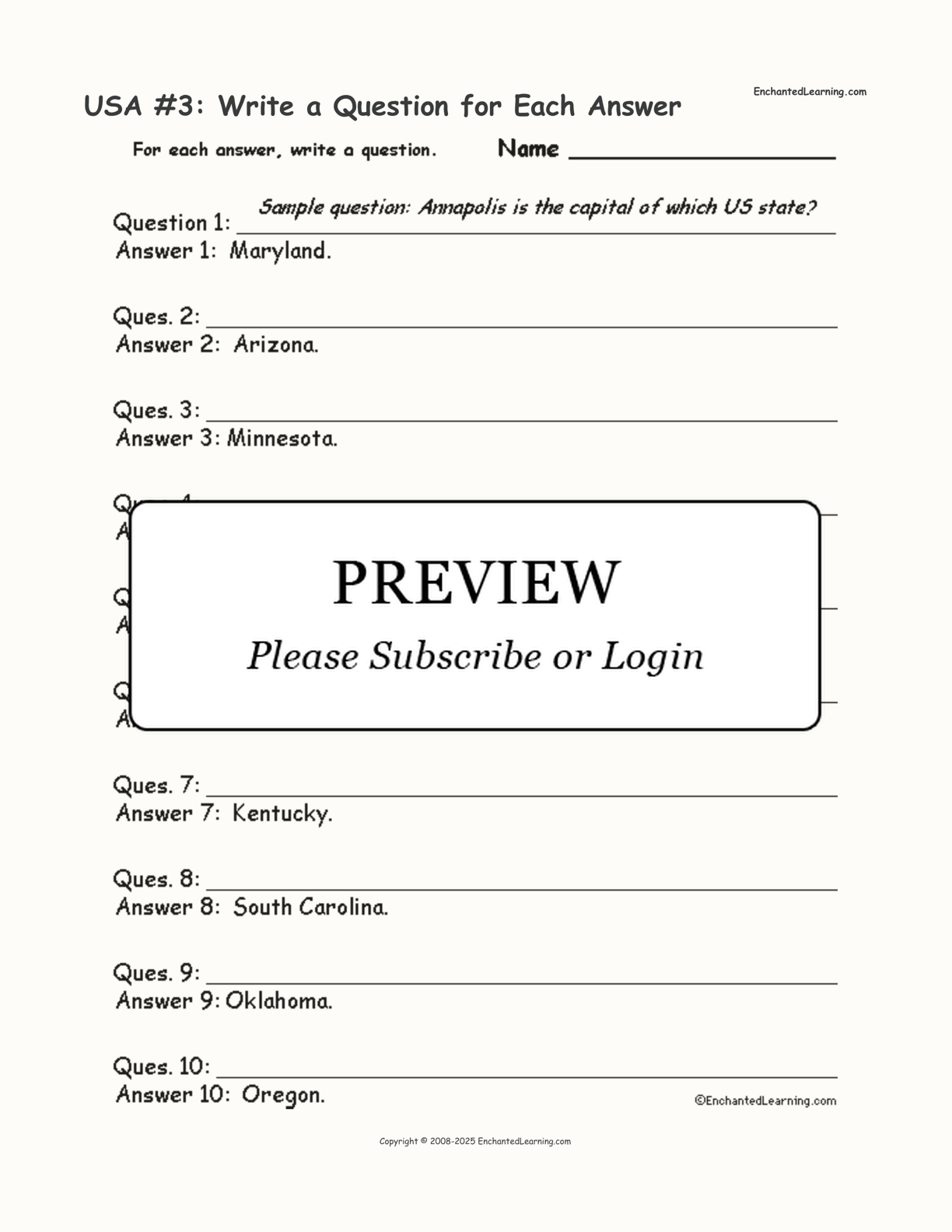 USA #3: Write a Question for Each Answer interactive worksheet page 1