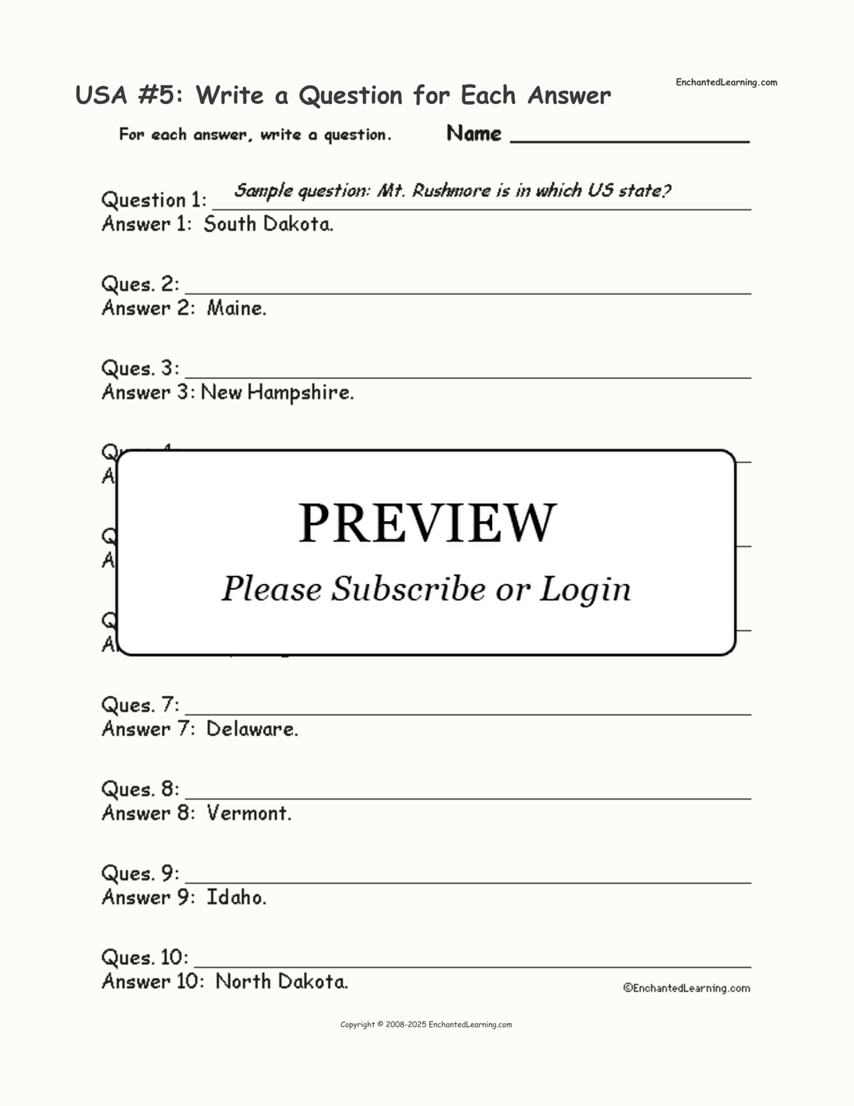 USA #5: Write a Question for Each Answer interactive worksheet page 1