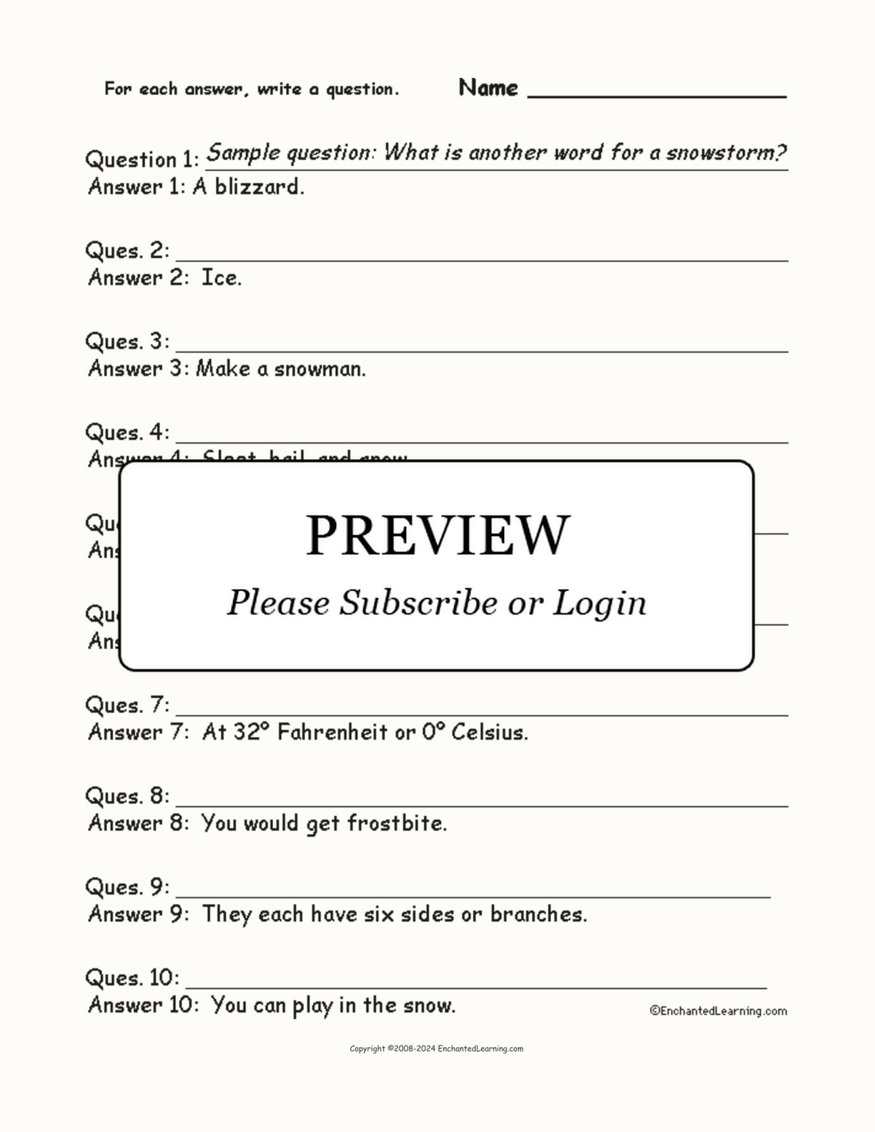 Winter Words: Write a Question for Each Answer interactive worksheet page 1