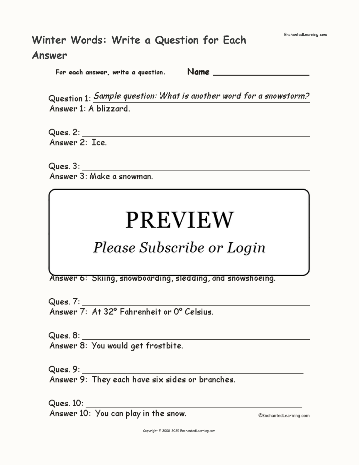 Winter Words: Write a Question for Each Answer interactive worksheet page 1