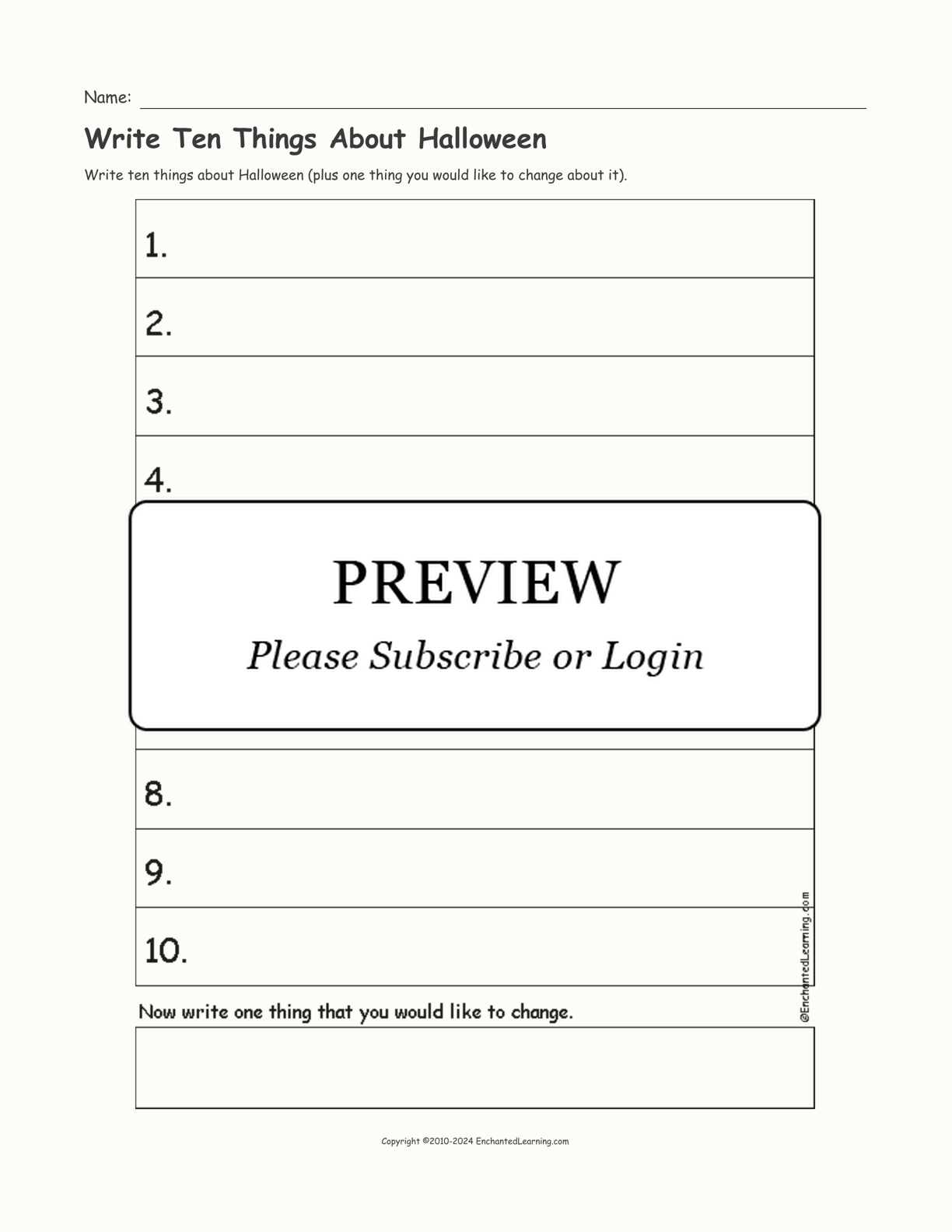 Write Ten Things About Halloween interactive printout page 1