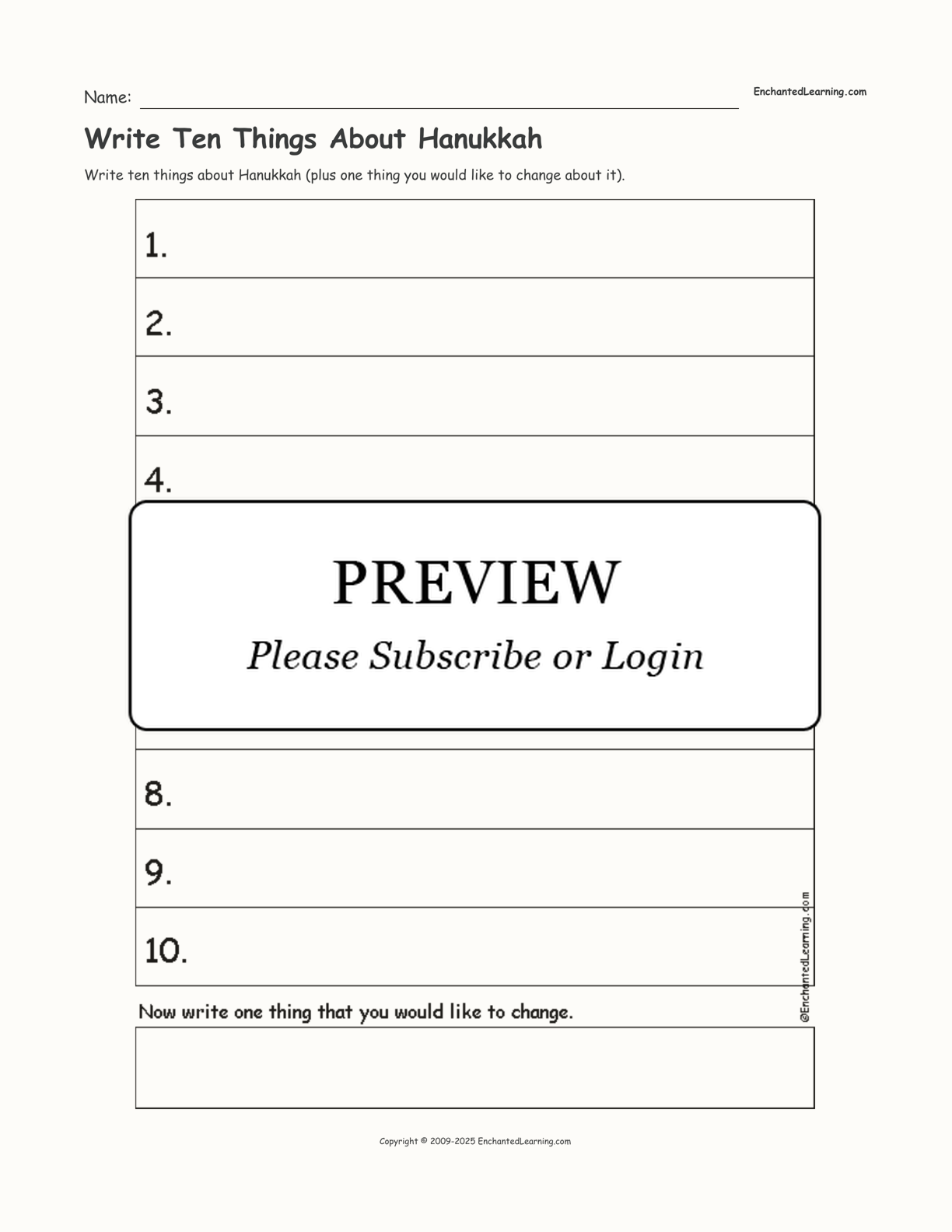 Write Ten Things About Hanukkah interactive worksheet page 1