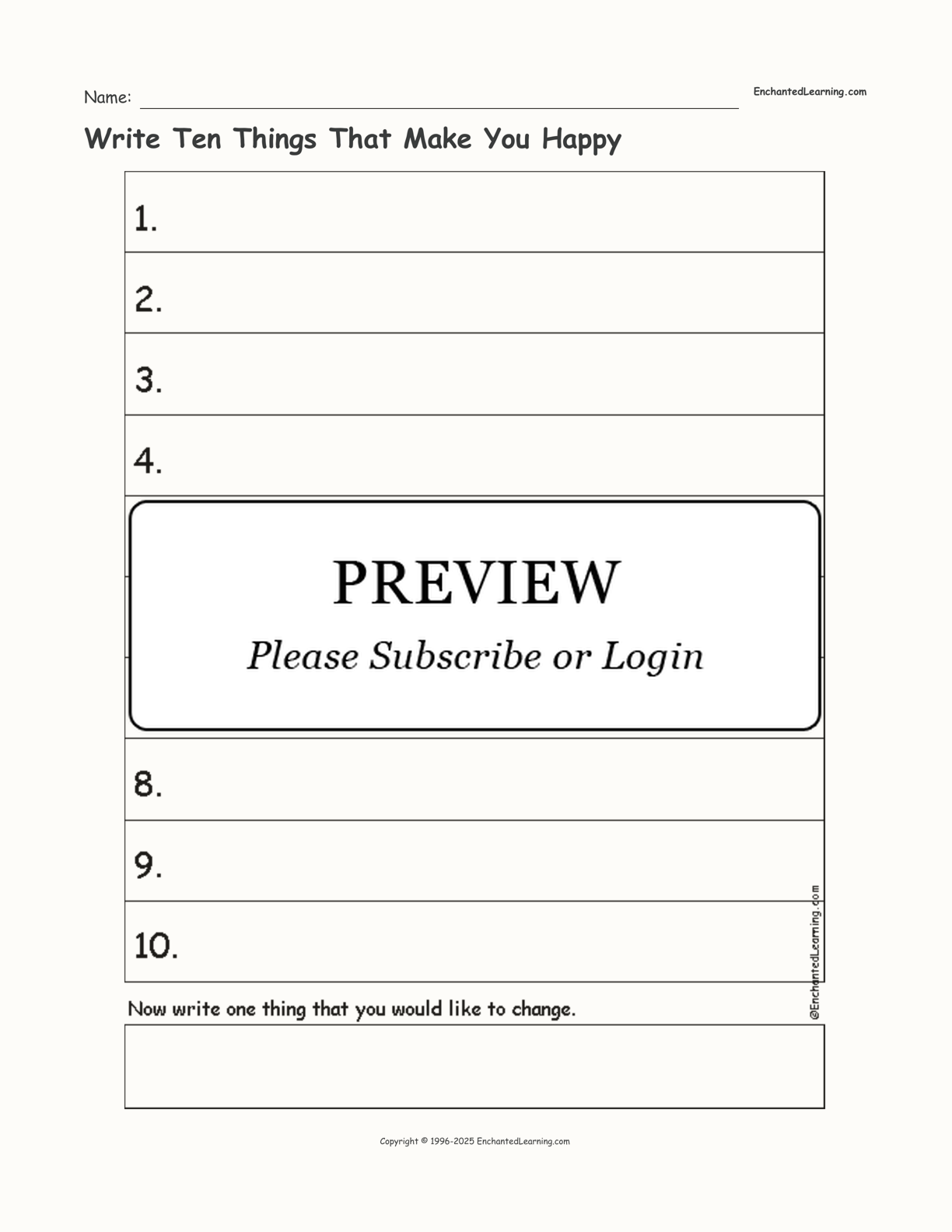 Write Ten Things That Make You Happy interactive printout page 1