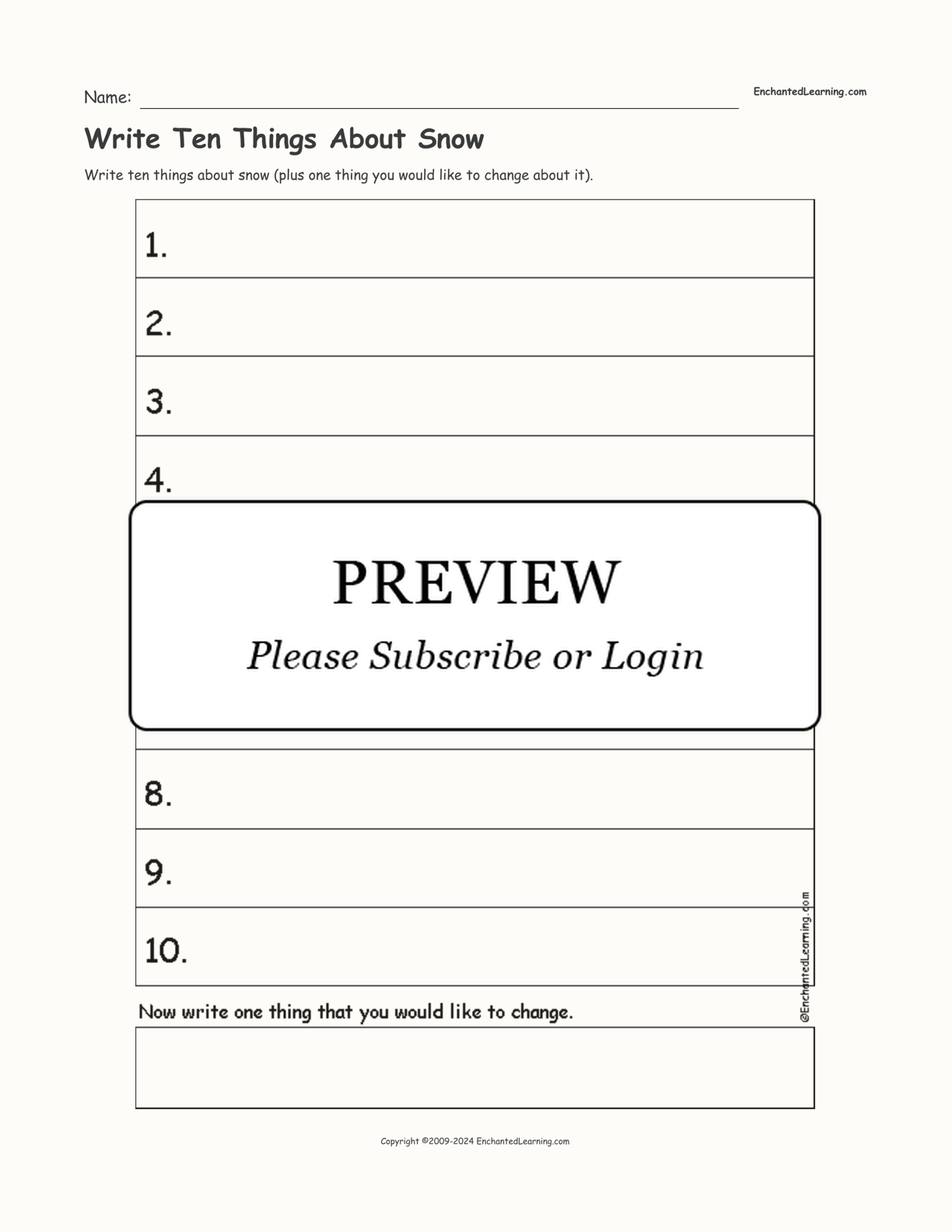 Write Ten Things About Snow interactive worksheet page 1