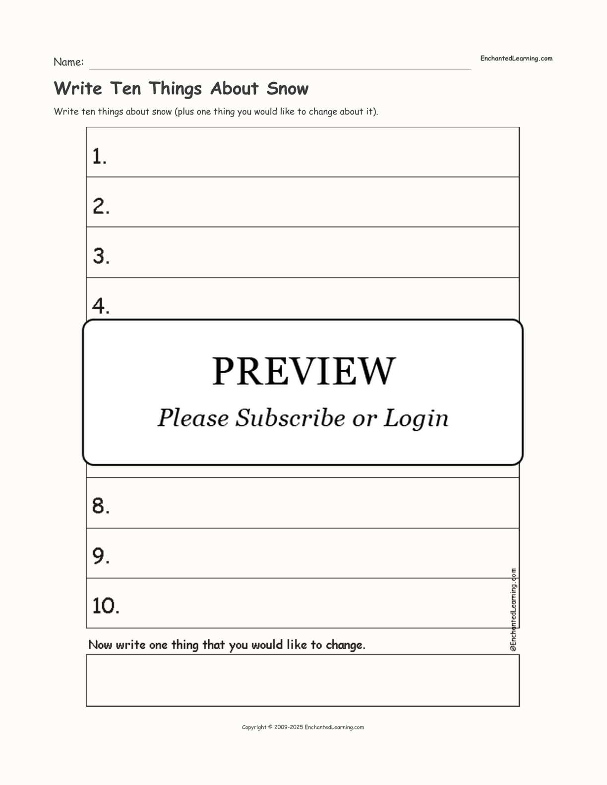 Write Ten Things About Snow interactive worksheet page 1